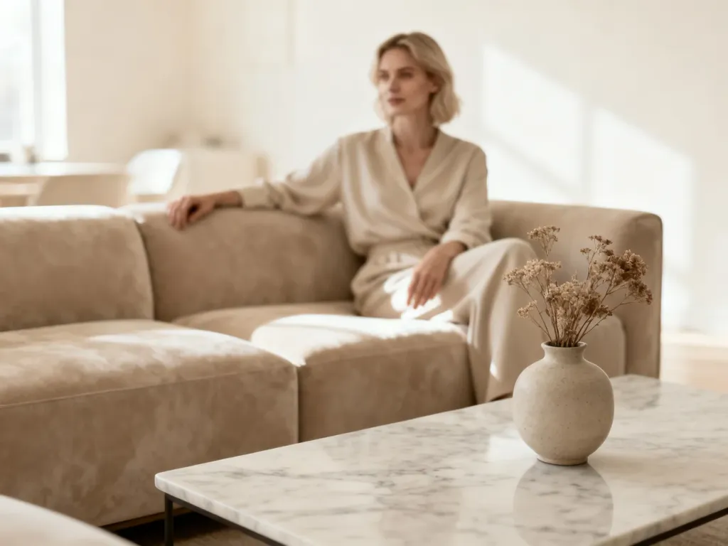 Kobieta siedząca na beżowej sofie w minimalistycznym salonie, prezentująca eleganckie połączenie odcieni beżu w aranżacji.