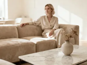 Nowoczesna ściana telewizyjna z eleganckimi panelami, minimalistyczną szafką RTV oraz subtelnymi dekoracjami w salonie.