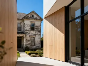 Nowoczesny, drewniany regał wypełniony słoikami z domowymi przetworami w uporządkowanej spiżarni.