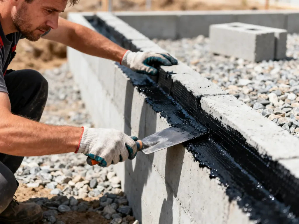 Pracownik budowlany nakłada czarną masę bitumiczną na betonową ścianę fundamentową przy użyciu kielni.