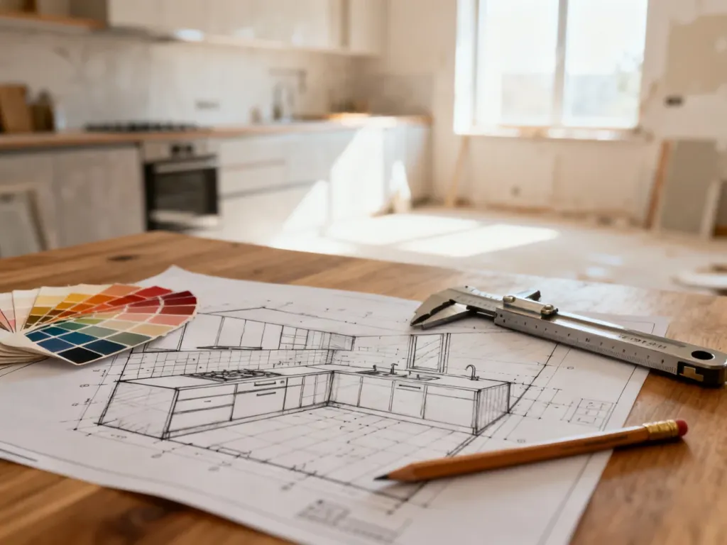 Szkic projektu nowoczesnej kuchni z planami architektonicznymi, próbkami kolorów i narzędziami pomiarowymi na stole.