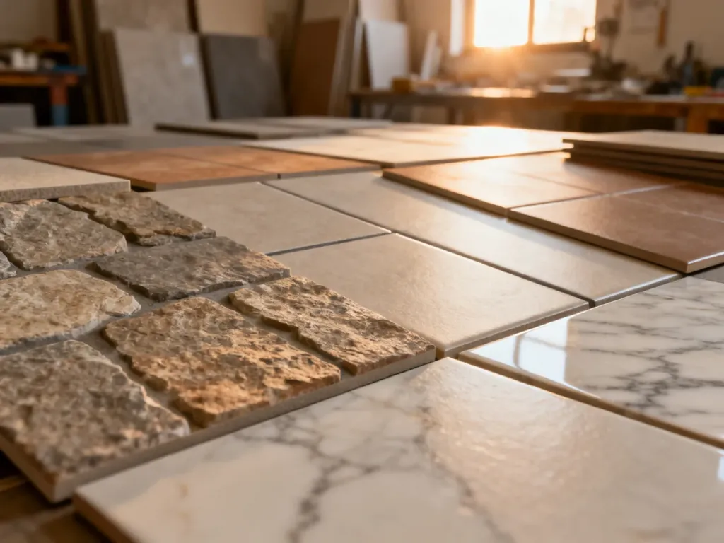 Próbki płytek ceramicznych o fakturze kamienia i marmuru w profesjonalnym studio projektowym.