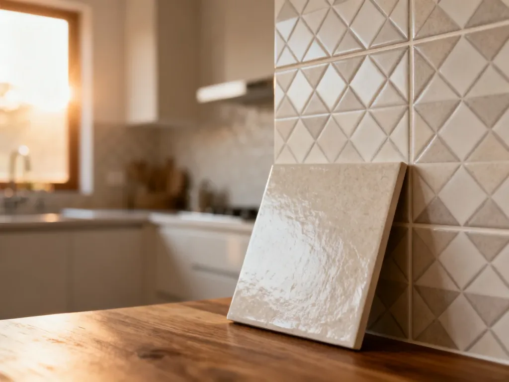 Zbliżenie na nowoczesne płytki ceramiczne z geometrycznym wzorem i próbka materiału na drewnianym blacie w kuchni.