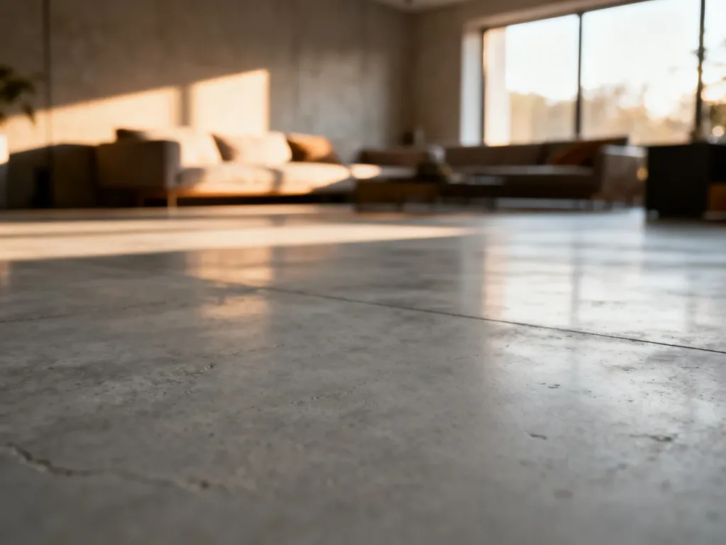 Wnętrze minimalistycznego salonu z gładką, polerowaną posadzką betonową w industrialnym stylu.
