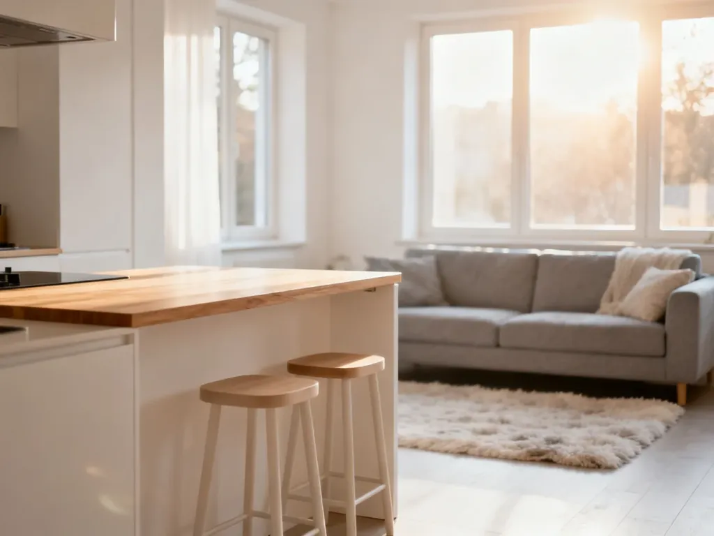 Nowoczesna, otwarta kuchnia z wyspą połączona z przytulnym salonem w jasnych, neutralnych barwach.